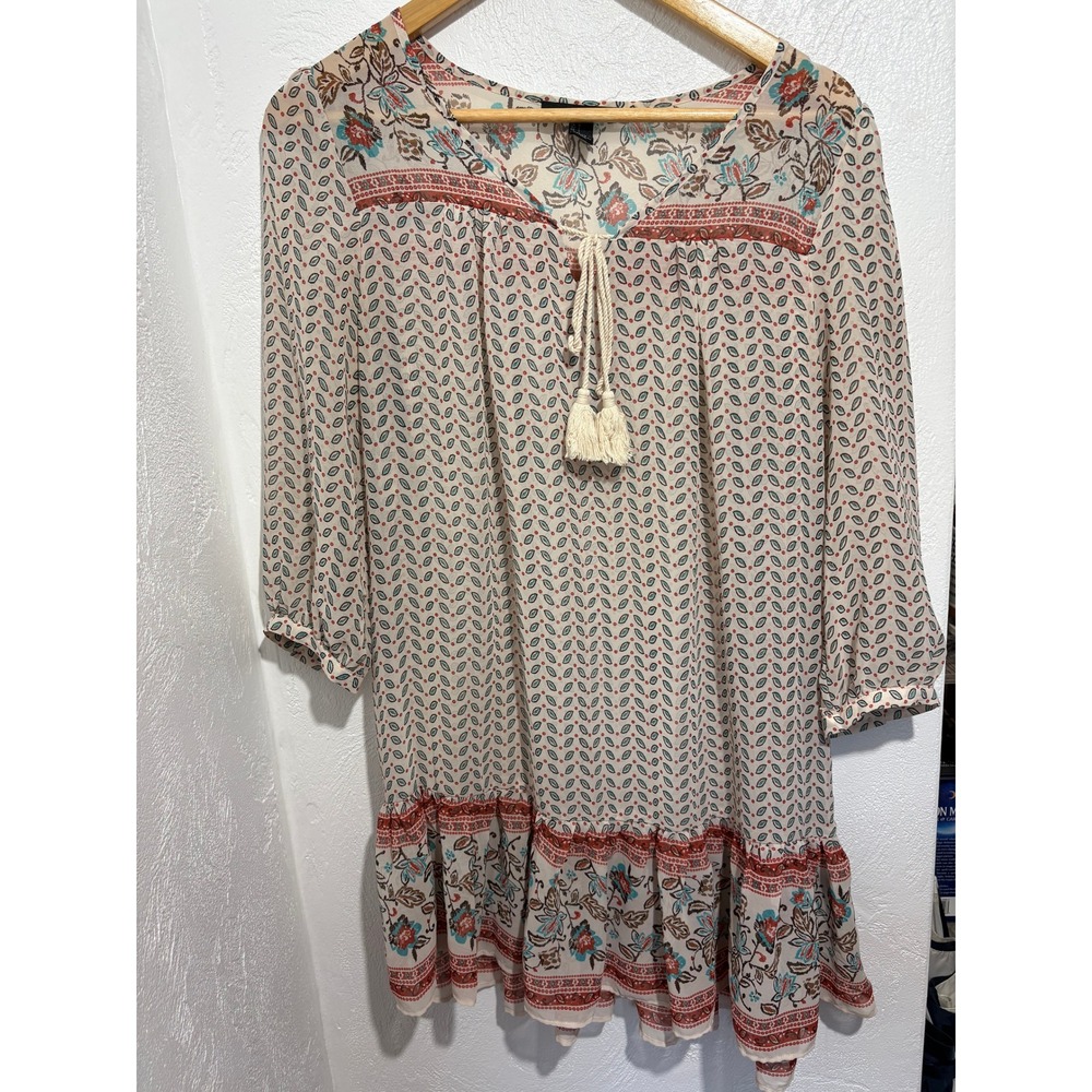 Forever 21 Boho Floral Tassel Tie Mini Dress Rust Teal‎ Large L 3/4 Sleeve